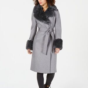 Via Spiga Womens Faux-Fur-Trim Wrap Coat  Wool Blend Gray Medium NWOT